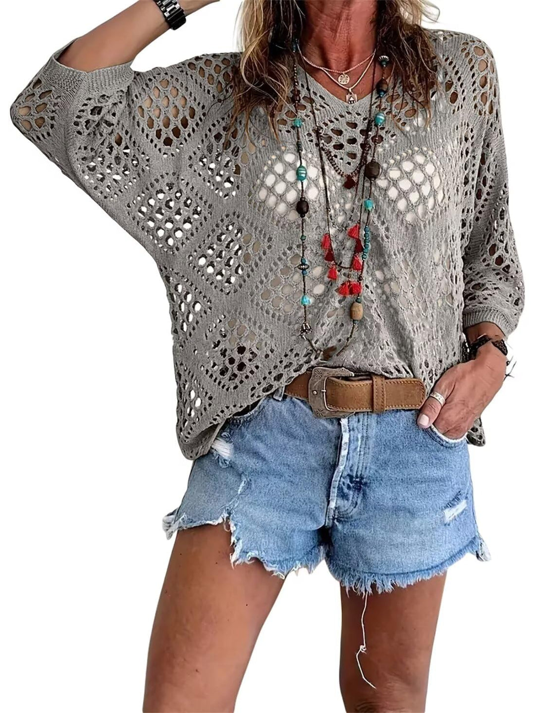 ⏰Last day sale 20% OFF🔥Hot Sale-Womens Bohemian-Inspired Beige Crochet Top with V-Neck
