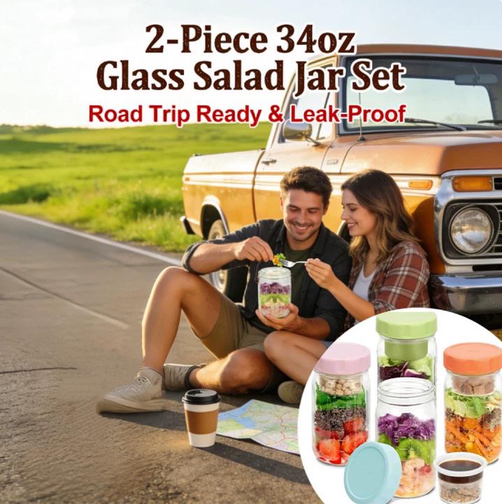 🥗Glass Salad Jar Set – 34oz Capacity, Leak-Proof & Perfect for Meal Prep