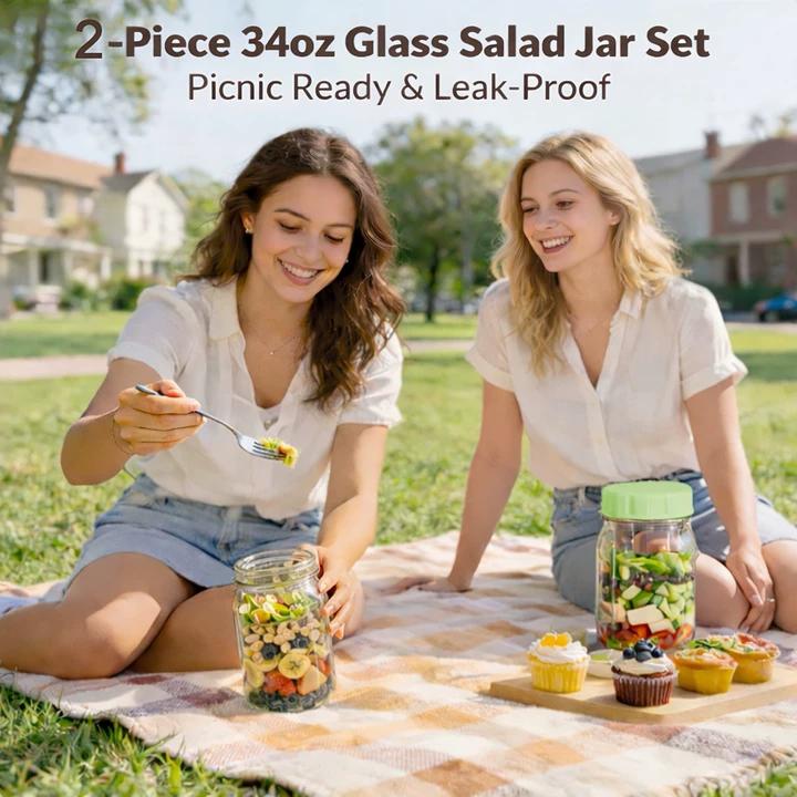 🥗Glass Salad Jar Set – 34oz Capacity, Leak-Proof & Perfect for Meal Prep