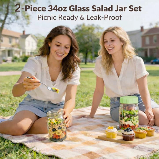 🥗Glass Salad Jar Set – 34oz Capacity, Leak-Proof & Perfect for Meal Prep