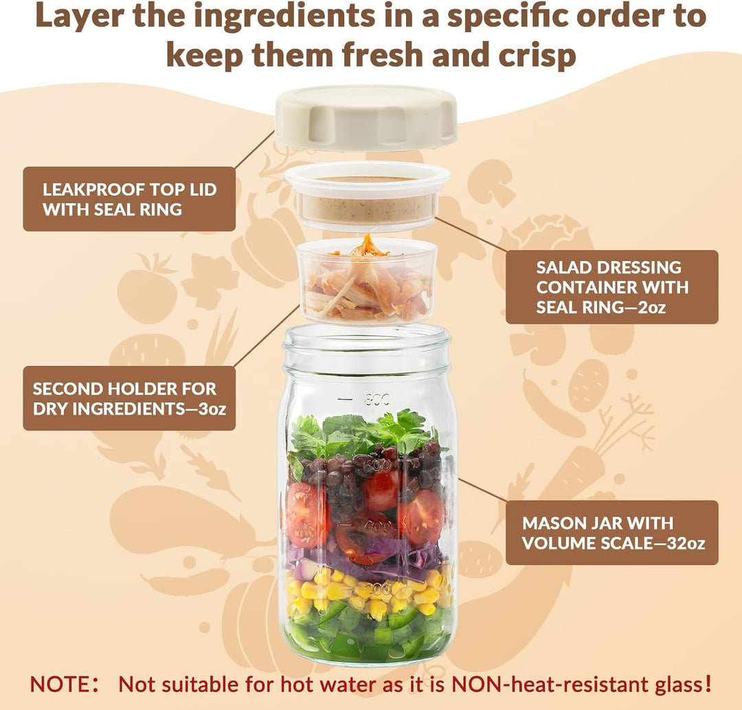 🥗Glass Salad Jar Set – 34oz Capacity, Leak-Proof & Perfect for Meal Prep