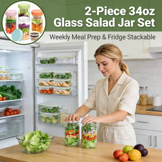 🥗Glass Salad Jar Set – 34oz Capacity, Leak-Proof & Perfect for Meal Prep