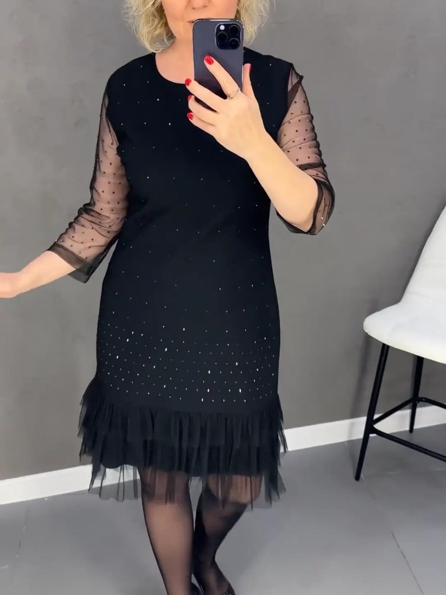 🔥Round neck dresses with plain rhinestones for women