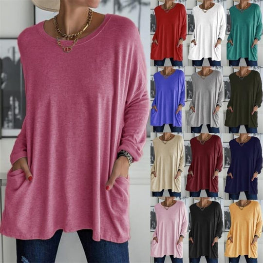 💞 Women's Round Neck Long Sleeve Loose Pocket T-Shirt