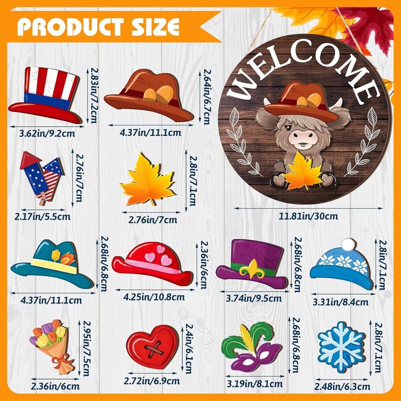🐇 Osterangebot💥Willkommensschild mit austauschbarem Highland-Kuh-Motiv, Magnetverschluss, abnehmbare Hüte, niedliches Rinder-Anhänger