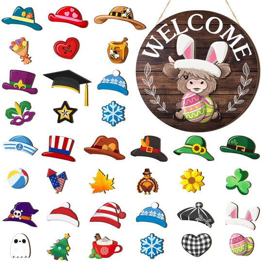 🐇 Osterangebot💥Willkommensschild mit austauschbarem Highland-Kuh-Motiv, Magnetverschluss, abnehmbare Hüte, niedliches Rinder-Anhänger