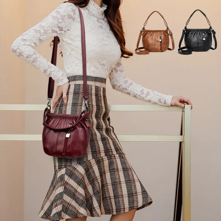 👜Pleated Bucket Leather Handbag – Soft Material, Adjustable Strap & Chic Casual Style ✨