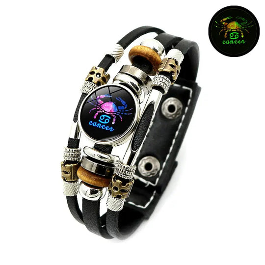 Glow-in-the-Dark 12 Leather Zodiac Bracelet for Men and Women(6.9/8.1in)