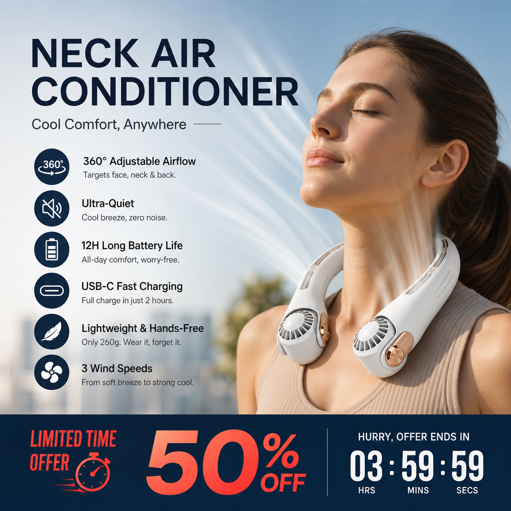 📢📢50% OFF !! ⏰360° Rotating Neck Fan, Ultra Quiet 3 Speeds, Long Battery Hands-Free Summer Cooler 😎🌬️