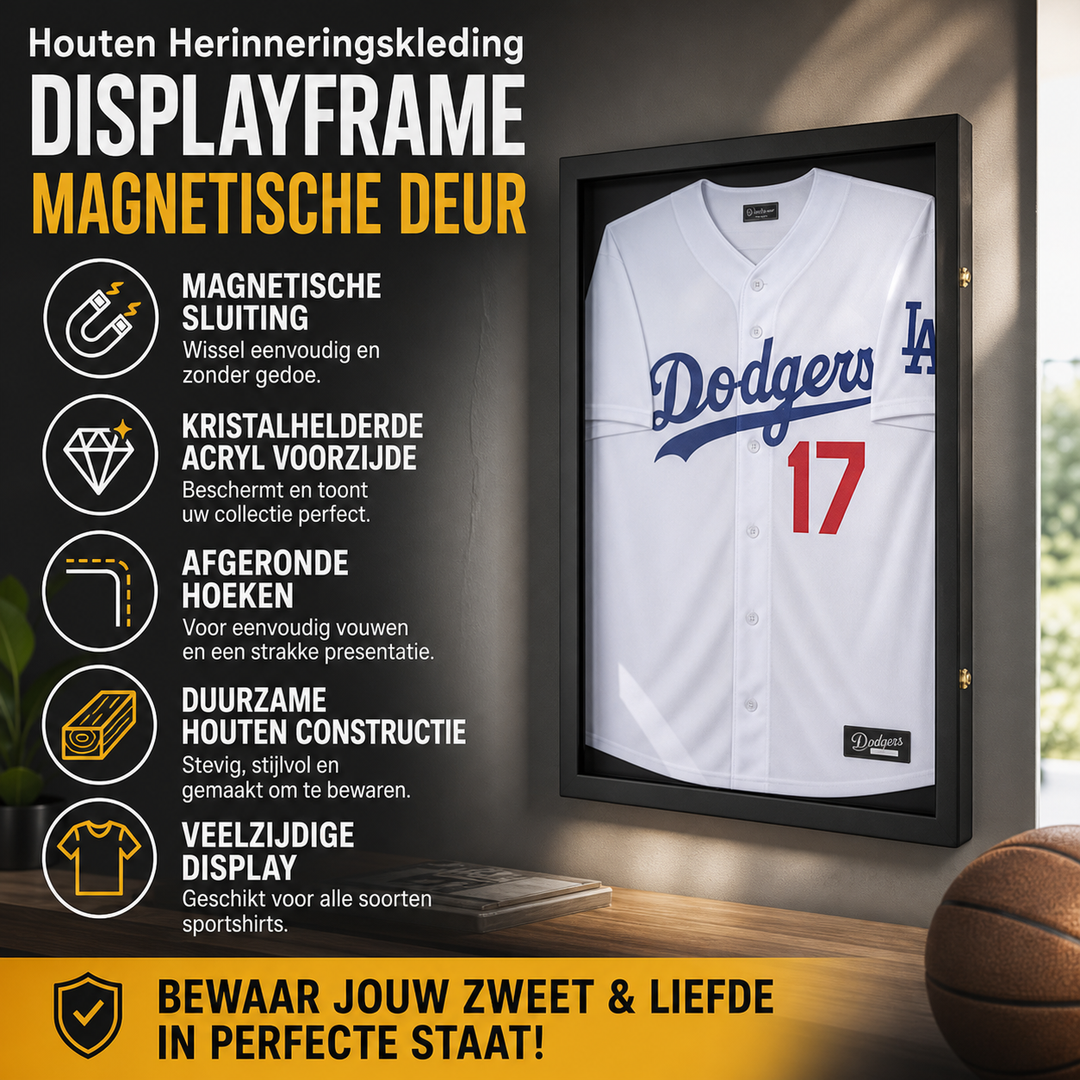 🖼️New Year 50% OFF! ⚽Premium Wooden Jersey Display Frame with Magnetic Door, Crystal Clear Acrylic Shadow Box for Signed Sport Shirts Memorabilia Storage