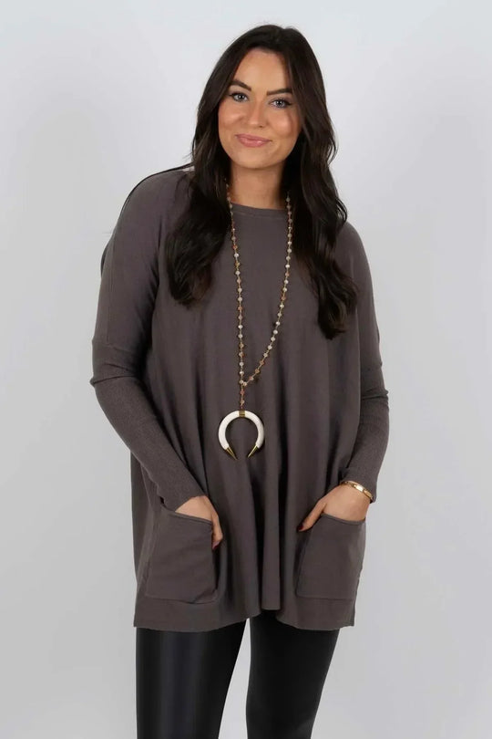 💞 Women's Round Neck Long Sleeve Loose Pocket T-Shirt