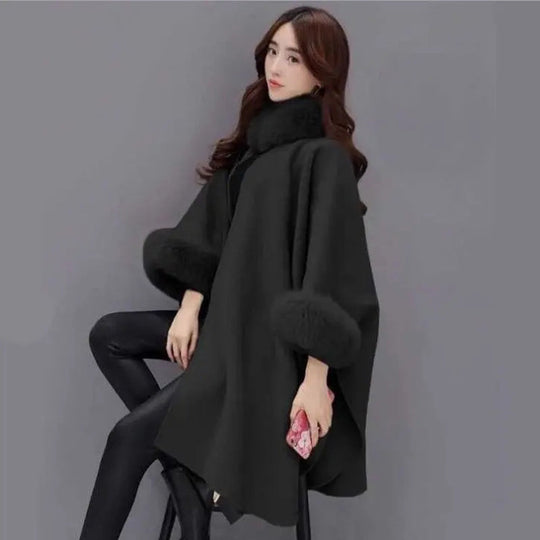 💖Best Gift💖  Elegant Solid Color Faux Fur Collar Loose Poncho Coat⏳Limited-time 65% off⏰