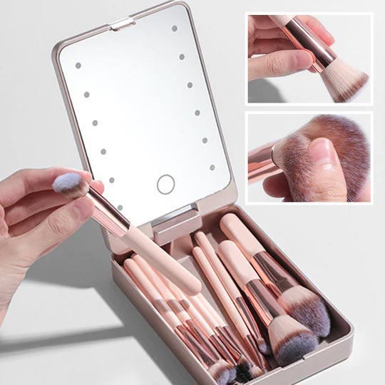 🔥 Gran venta 50% de descuento🌈Juego de brochas de maquillaje de viaje con espejo con luz LED