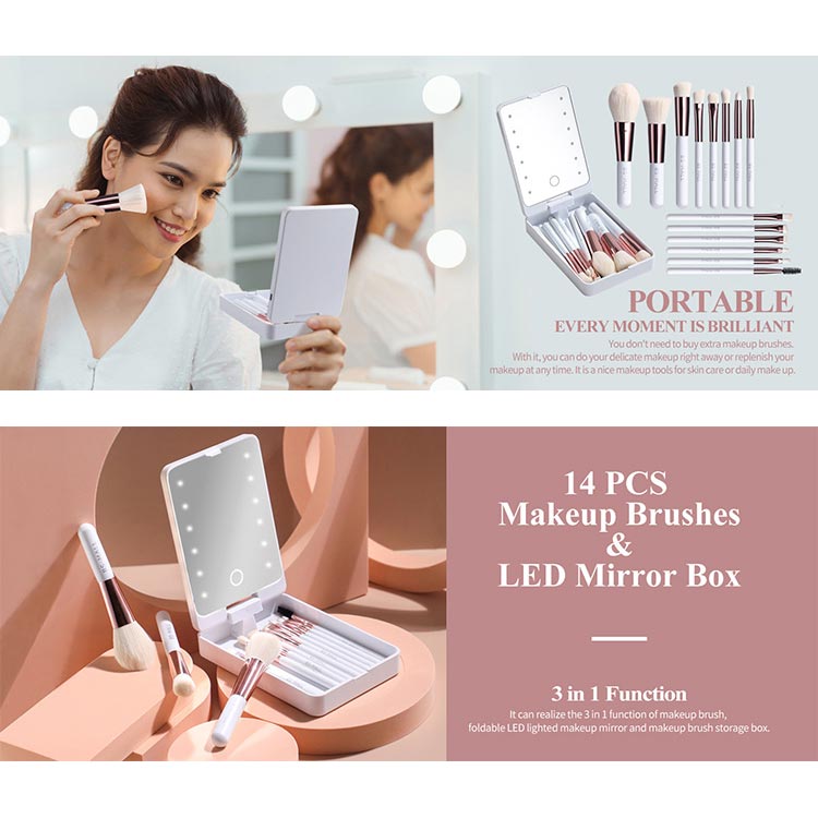 🔥 Gran venta 50% de descuento🌈Juego de brochas de maquillaje de viaje con espejo con luz LED