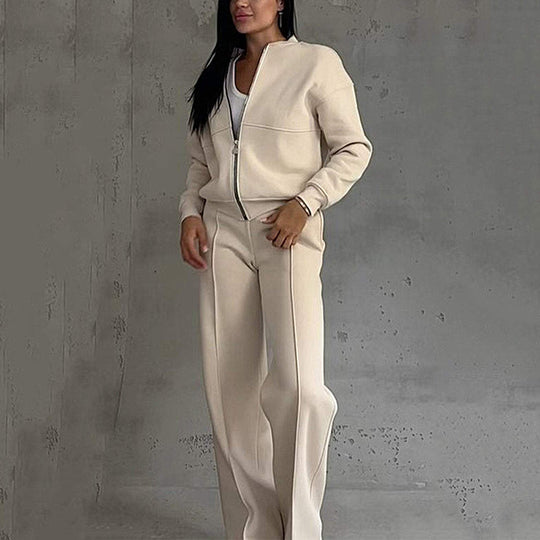 💕Saldi imperdibili - 50% di sconto💖Completo due pezzi da donna dalla vestibilità rilassata: giacca con cerniera e pantaloni a gamba larga