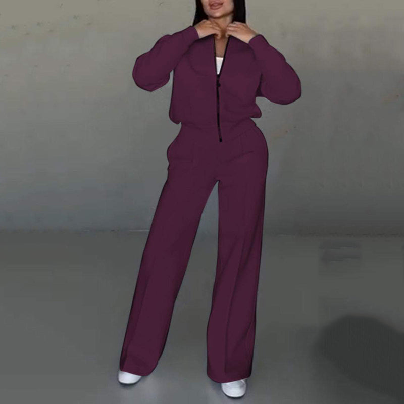 💕Saldi imperdibili - 50% di sconto💖Completo due pezzi da donna dalla vestibilità rilassata: giacca con cerniera e pantaloni a gamba larga
