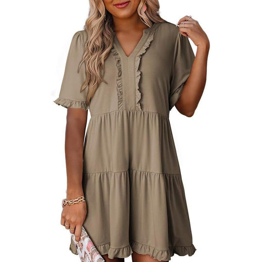 🔥🌈2026 Summer Hot Sale 49% OFF🌈Women's V Neck Ruffle Casual A-Line Flowy Swing Shift Dress