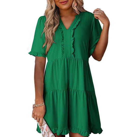 🔥🌈2026 Summer Hot Sale 49% OFF🌈Women's V Neck Ruffle Casual A-Line Flowy Swing Shift Dress