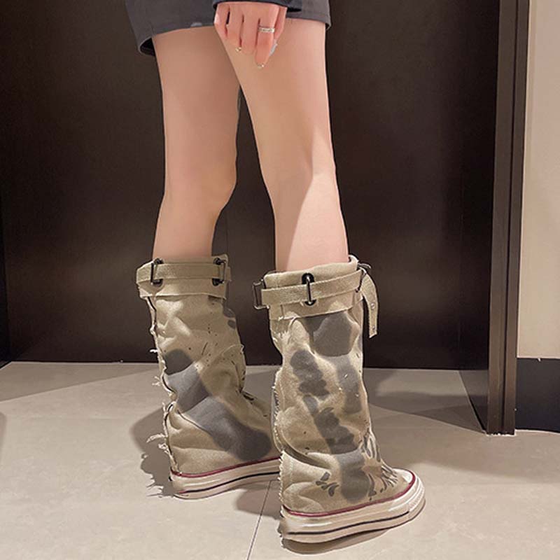🔥👢Retro flate, slanke lerretsstøvler til dame