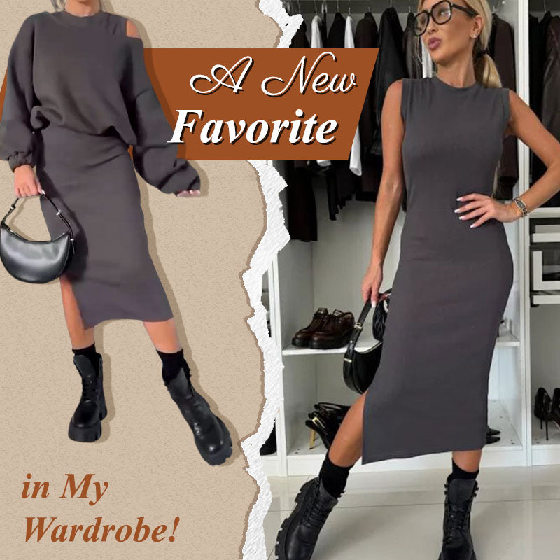 ❄️Descuento de principios de invierno: 49 % de descuento💃Sudadera con hombros inclinados para mujer & Conjunto de vestido sin mangas