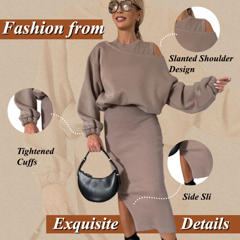 ❄️Descuento de principios de invierno: 49 % de descuento💃Sudadera con hombros inclinados para mujer & Conjunto de vestido sin mangas