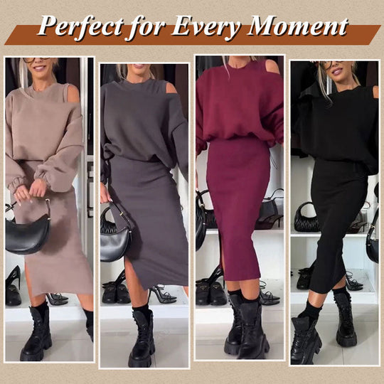 ❄️Descuento de principios de invierno: 49 % de descuento💃Sudadera con hombros inclinados para mujer & Conjunto de vestido sin mangas