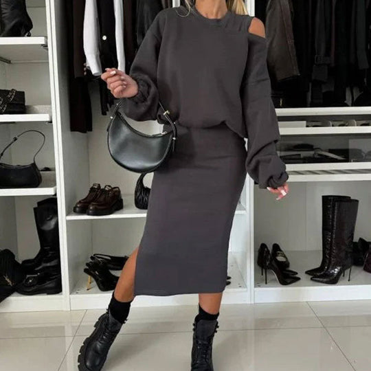 ❄️Descuento de principios de invierno: 49 % de descuento💃Sudadera con hombros inclinados para mujer & Conjunto de vestido sin mangas