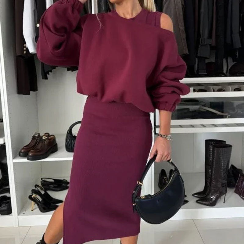 ❄️Descuento de principios de invierno: 49 % de descuento💃Sudadera con hombros inclinados para mujer & Conjunto de vestido sin mangas