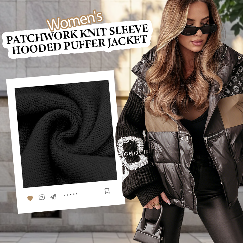 Damen-Pufferjacke mit Patchwork-Strickärmeln und Kapuze