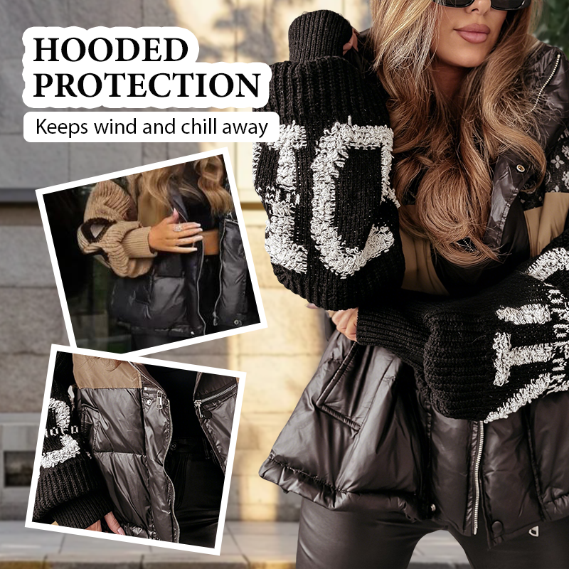 Damen-Pufferjacke mit Patchwork-Strickärmeln und Kapuze