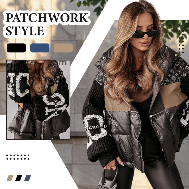 Damen-Pufferjacke mit Patchwork-Strickärmeln und Kapuze
