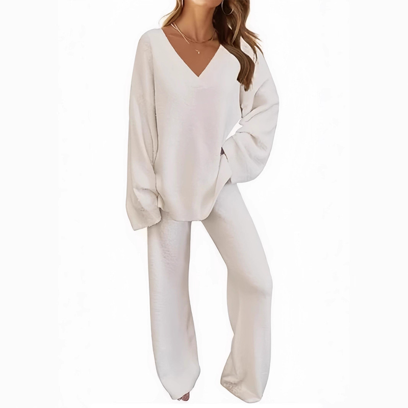 Pull à manches longues et col en V pour femme & Ensemble pantalon
