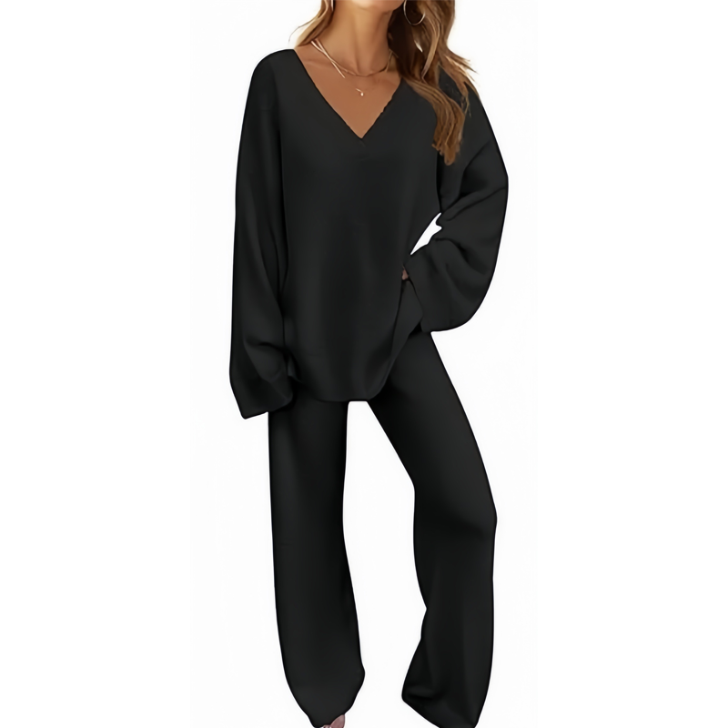 Pull à manches longues et col en V pour femme & Ensemble pantalon