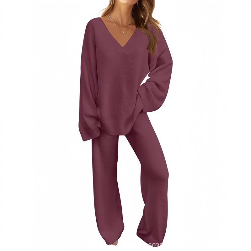 Pull à manches longues et col en V pour femme & Ensemble pantalon