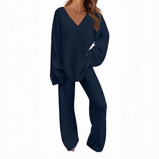 Pull à manches longues et col en V pour femme & Ensemble pantalon