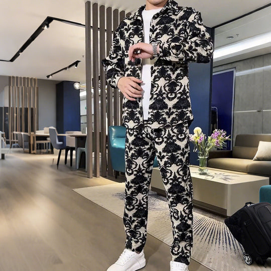👕 Chaqueta con estampado floral para hombre & Conjunto de pantalón: corte ajustado, diseño floral llamativo, ideal para el estilo urbano. & Lugares de reunión informales