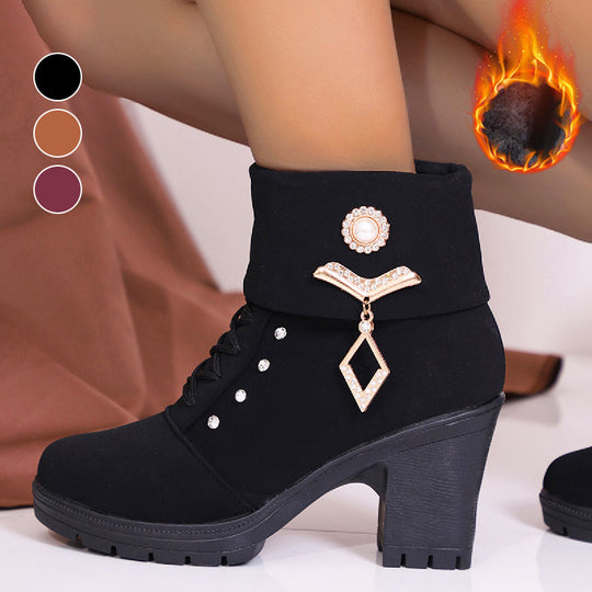 Damen-Stiefeletten mit dickem Absatz und Strassverzierung