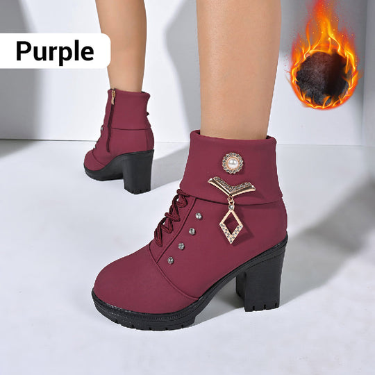 Damen-Stiefeletten mit dickem Absatz und Strassverzierung