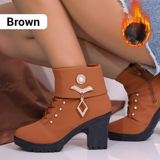 Damen-Stiefeletten mit dickem Absatz und Strassverzierung