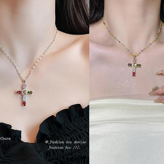 Collares con colgante de cruz de diamantes de imitación de colores