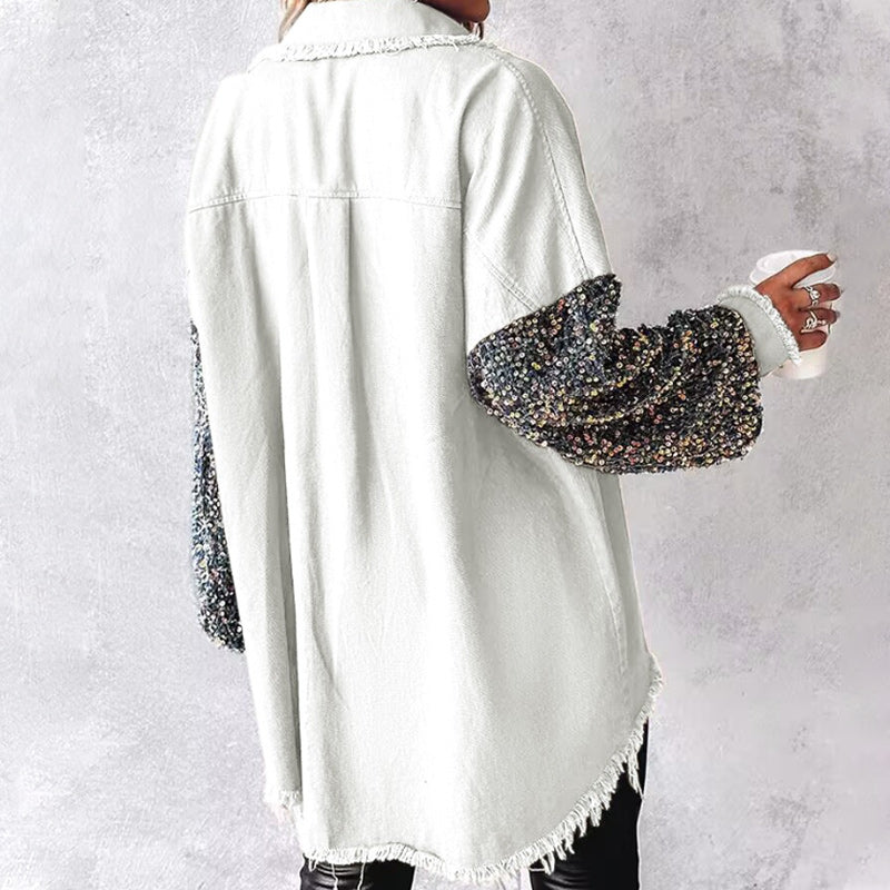 Cóta Patchwork Trendy Sequin na mBan le Raw Hem