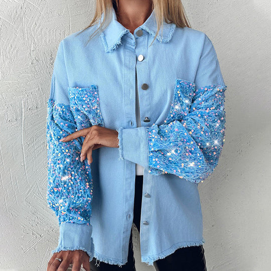 Manteau patchwork à paillettes tendance pour femme avec ourlet brut