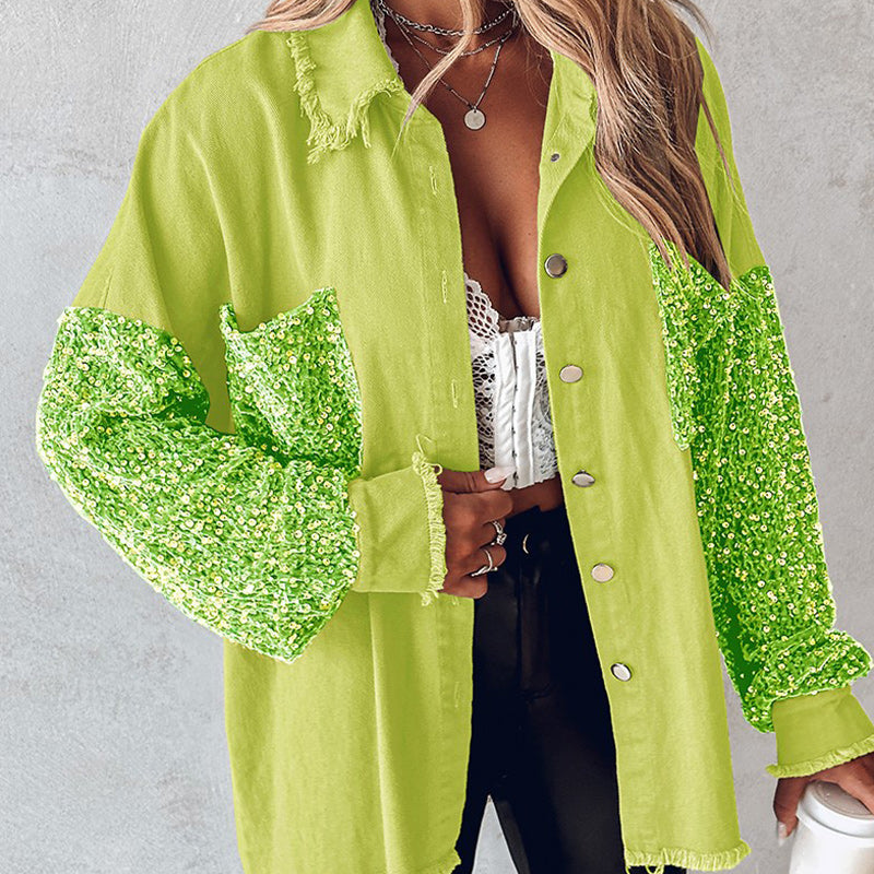 Manteau patchwork à paillettes tendance pour femme avec ourlet brut