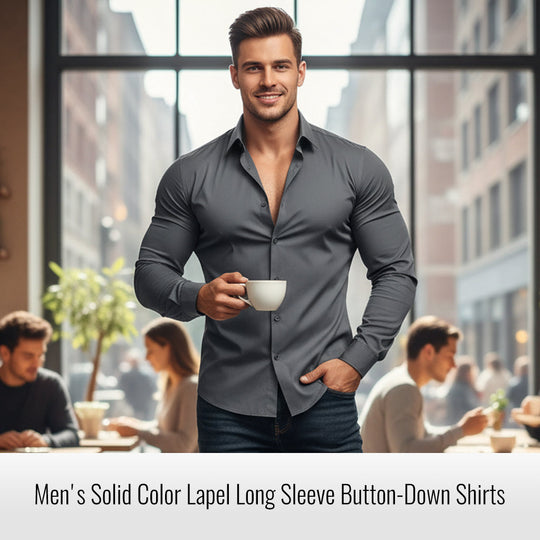 Men's Lapel Button-Down Shirt — Long Sleeve, Solid Colour 👔