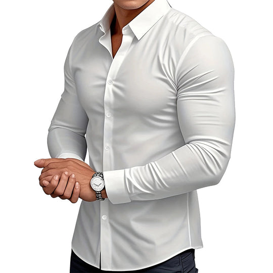Men's Lapel Button-Down Shirt — Long Sleeve, Solid Colour 👔