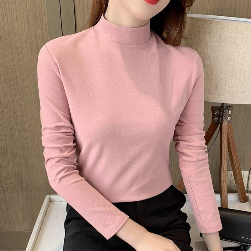 Top cómodo de manga larga con cuello medio alto y color sólido para mujer