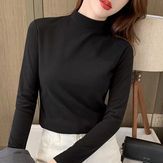 Top cómodo de manga larga con cuello medio alto y color sólido para mujer