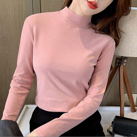 Top cómodo de manga larga con cuello medio alto y color sólido para mujer