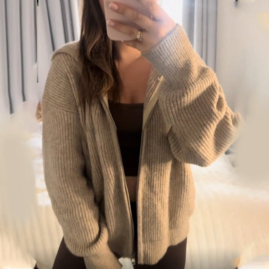 Damen-Strickjacke mit Kapuze und Reißverschluss