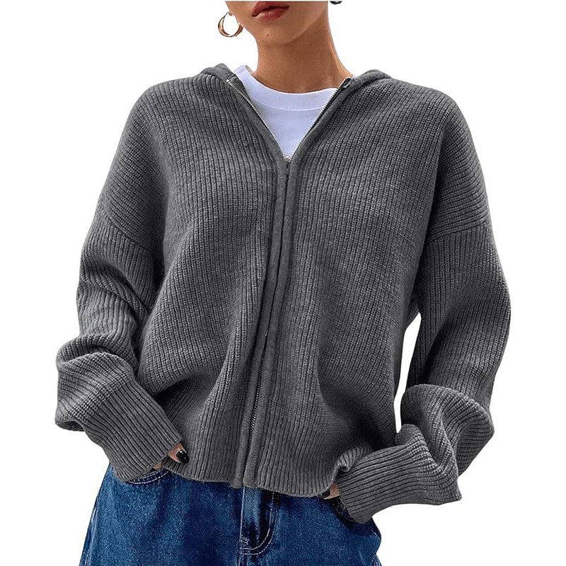 Damen-Strickjacke mit Kapuze und Reißverschluss